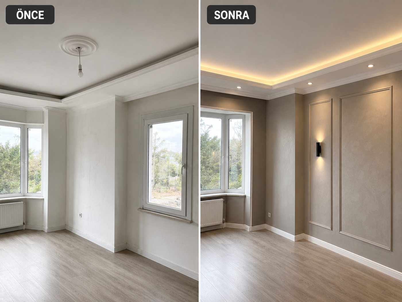 Kozağaç iç cephe boya öncesi ve sonrası